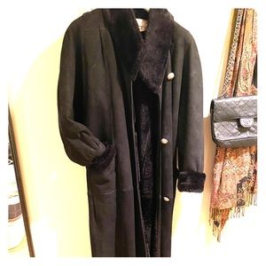 vintage. black shearling and fur full length coat.